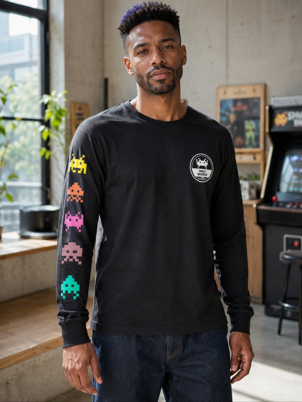 Taito Space Invaders Primark Long Sleeve Graphic Tee Black Men's M